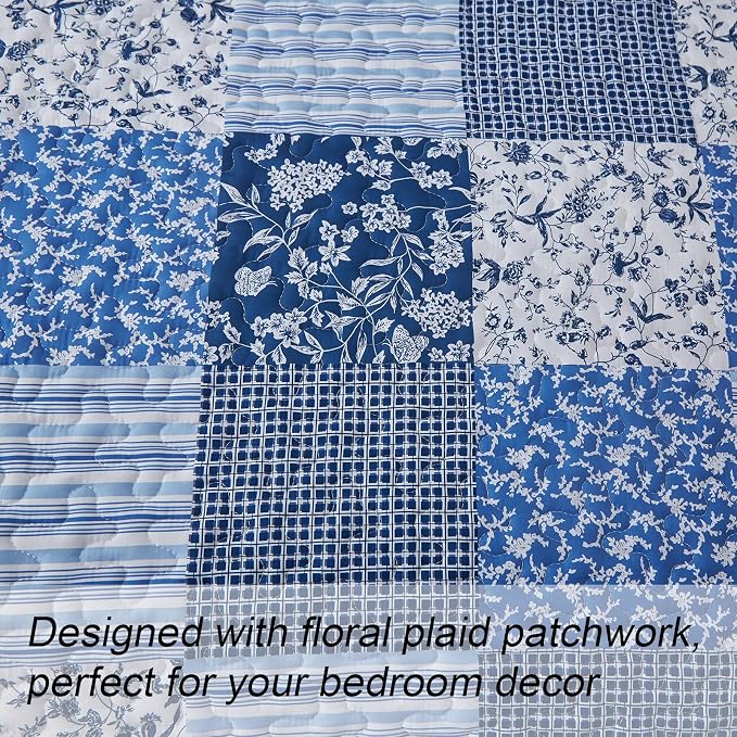 Mybedsoul King Size Quilt, Boho Patchwork Floral Bedding Set, Blue | Soft Lightweight Microfiber Coverlet Set, 3 Pieces Plaid Reversible Bedspread, Bed Sets for All Seasons 90"x110"