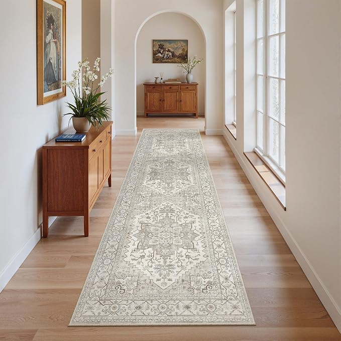 Madane Kitchen Runner Rug 2x7 with Rubber Backing Non Slip, Beige/Brown | Vintage Ultra-Thin Machine Washable Hallway Rugs 7 ft, Soft Low-Pile Throw Carpet Runners for Bedroom Bathroom Laundry Room