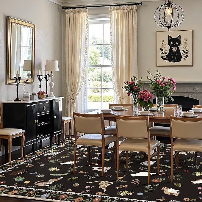 AIMPEAK Large Black 8x10 Washable Area Rug - Non Slip Low Pile Cat Floral Vintage Boho Large Carpet for Living Room, Bedroom, Farmhouse, Dining Room, Nursery, Girls Room, Kids Playroom, Black Multi