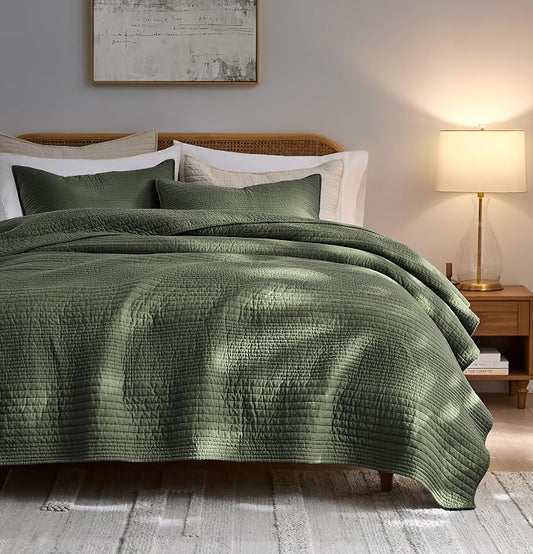 palassio Striped Olive Green 100% Cotton Quilt California Cal King Size Bedding Sets, Oversized Lightweight Channel Pick Stitch Textured Bedspread Soft Farmhouse Coverlet for All Season, 2 Shams