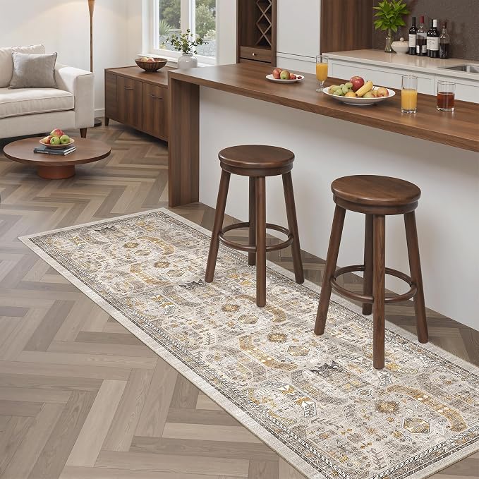 Madane Washable Runner Rug 2x6 Runners for Hallways Non Slip, Brown/Gold | Vintage Stain-Resistant 6 Feet Kitchen Rug, Soft Low-Pile Ultra-Thin Floor Carpet Mat for Bathroom Laundry Room Bedroom 2x6ft