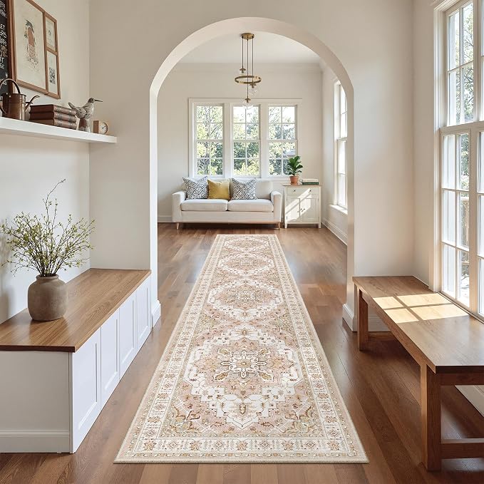Madane Washable Runner Rugs 2x10 Long for Hallway Kitchen, Pink | Non-Slip Low-Pile 10ft Rug Runners Soft, Stain-Resistant Floor Carpet Mat for Entrance, Living Dining Laundry Room