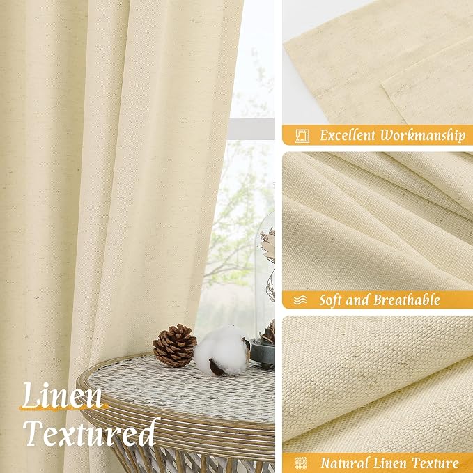 Beige Semi Sheer Linen Curtains 84 inches for Living Room 2 Panels | Light Filtering, Neutral, Privacy Protected, Linen Textured, Soft, Drapes for Bedroom, Farmhouse, Rod Pocket, 52 x 84 Inch