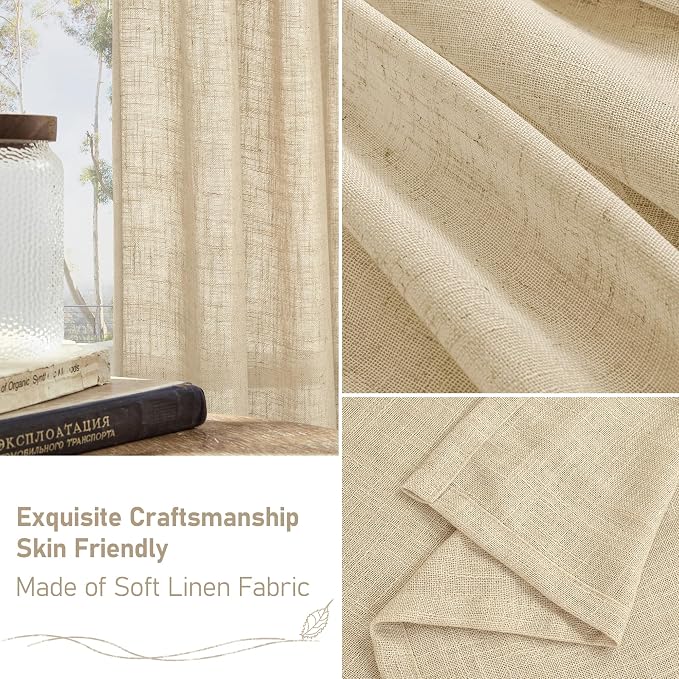 Linen Curtains 40 Inch Length 2 Panels, Light Filtering Panels | Semi Sheer, Light Filtering Panels, Neutral Drapes for Basement, Window, Loft Room, Rod Pocket Back Tab, 34 x 40 Inch