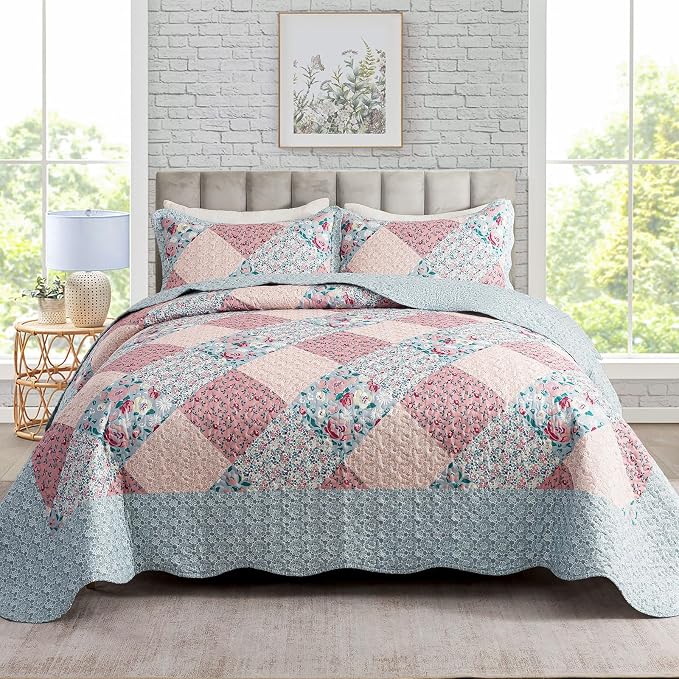 Travan 3-Piece Bedspread Quilt Set Lightweight Coverlet Set Garden Style Floral Printed Oversized Quilted Bedding Set with Shams for All Season, Exquisite, Queen Size