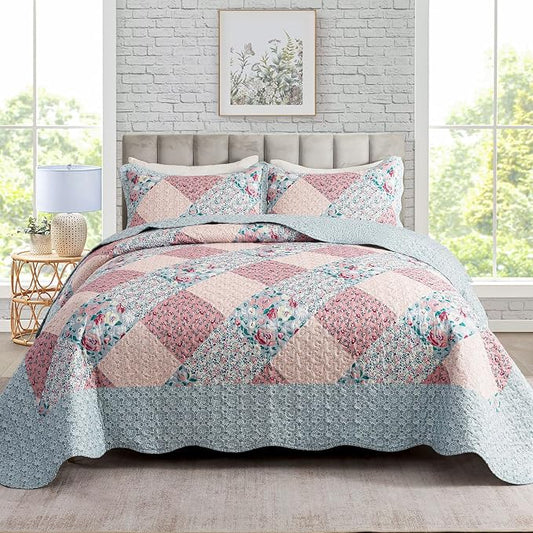 Travan 3-Piece Bedspread Quilt Set Lightweight Coverlet Set Garden Style Floral Printed Oversized Quilted Bedding Set with Shams for All Season, Exquisite, Queen Size