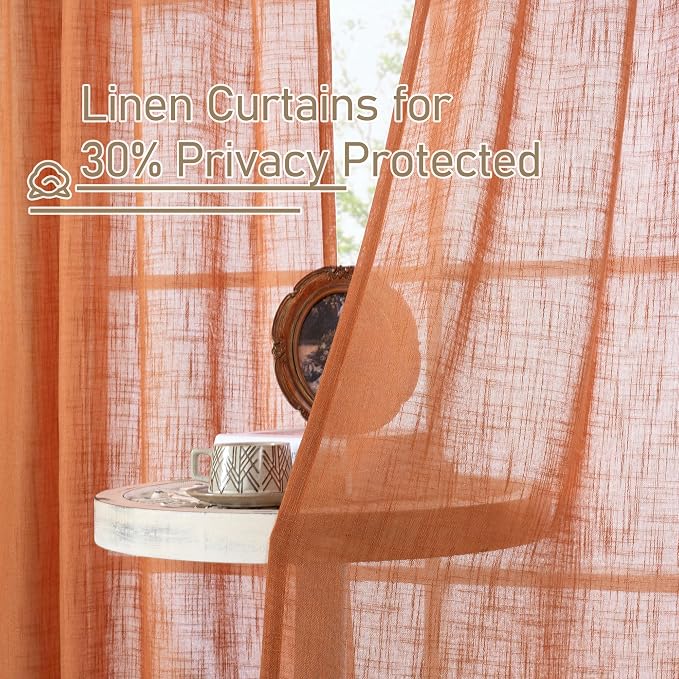 Burnt Orange Sheer Linen Curtains Semi Sheer Rod Pocket 2 Panels