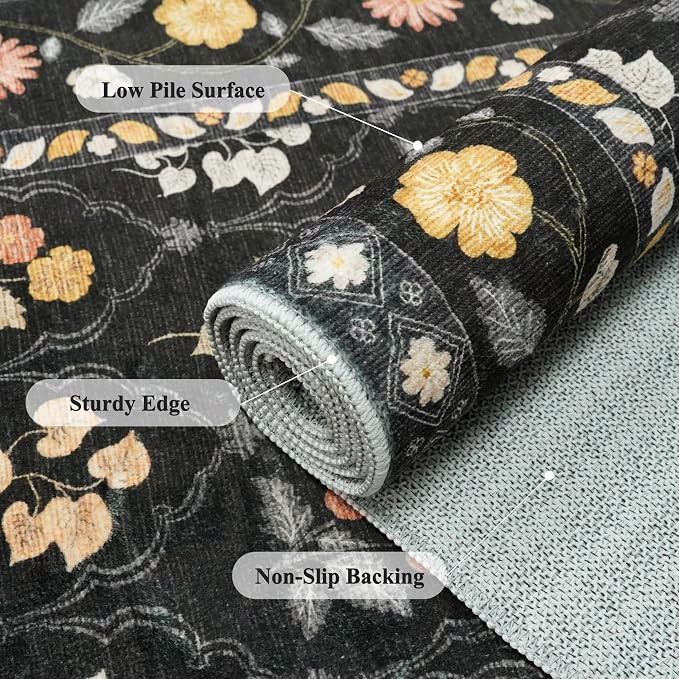 Washable Kitchen 2x10 Runner Rug: Non-Slip Long Hallway Entryway Rugs Indoor Low Pile Carpet for Bedroom Laundry Stain Resistant Vintage Soft Thin Floor Decor Mat for Bathroom (Floral/Black,2x10)