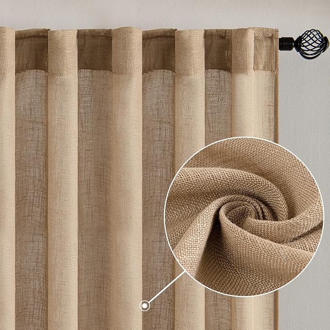 MIULEE Brown Linen Curtains 52x108 Inch Long for Bedroom Living Room | Soft Thick Linen Textured Window Drapes, Semi Sheer Light Filtering, Back Tab Rod Pocket, Burlap Look Country Decor, 2 Panels