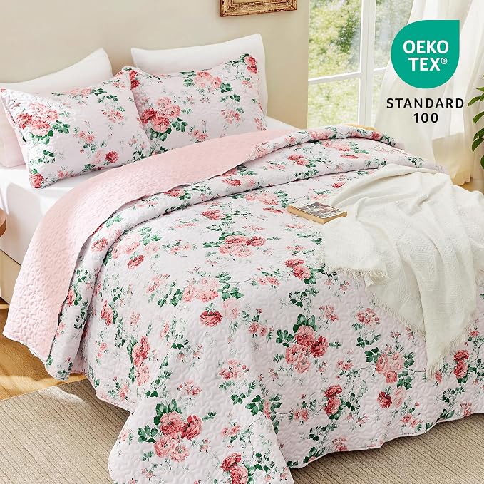 EXQ Home Printed Quilt Set Full Queen Size Pink Daphne Bedspread Set | Bedding Set For All Season Use, Soft & Breathable Coverlet,3-Piece Set Includes 2 Shams, Machine Washable
