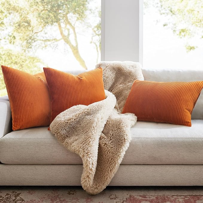 YCOLL Burnt Orange Pillow Covers 20x20 Set of 2 Velvet Striped Pattern - Soft Throw Pillows for Home Decor, Luxury Decorative Pillow Covers for Couch, Bed,Living Room