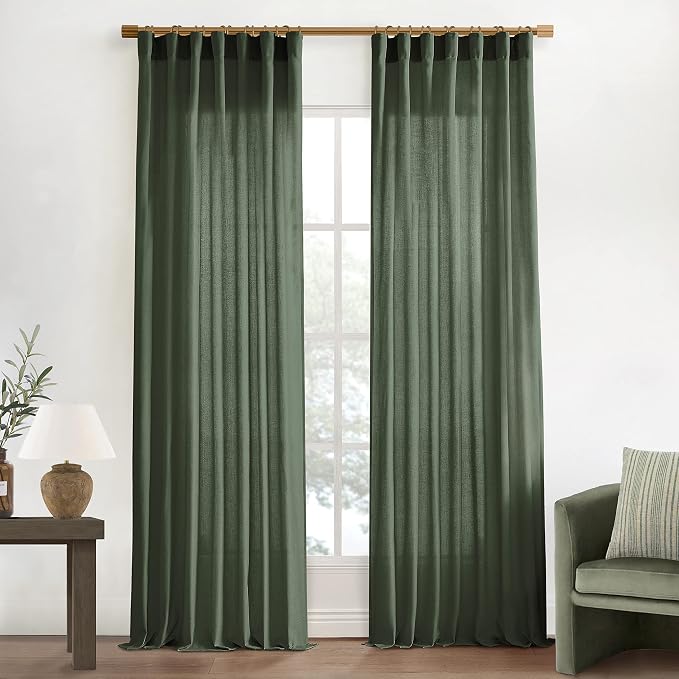 XTMYI 102 Inch Length Olive Green Sheer Linen Curtains 2 Panels Set,Hook Belt Pleated Back Tab Cotton Polyester Blend Light Filtering Semi Sheer Curtain Drapes for Living Room Bedroom,50x102 in Long