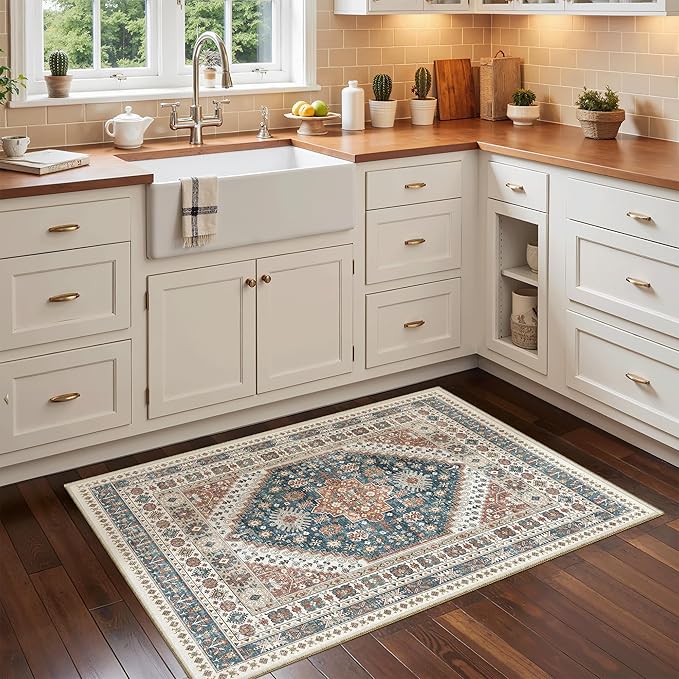 Madane Washable Area Rug 2x3 Small Entryway Rugs Non-Slip, Navy Blue | Vintage Stain-Resistant Door Mat Indoor Entrance, Low Pile Floor Carpet for Inside Front Bedroom Kitchen Entry Laundry, Stair