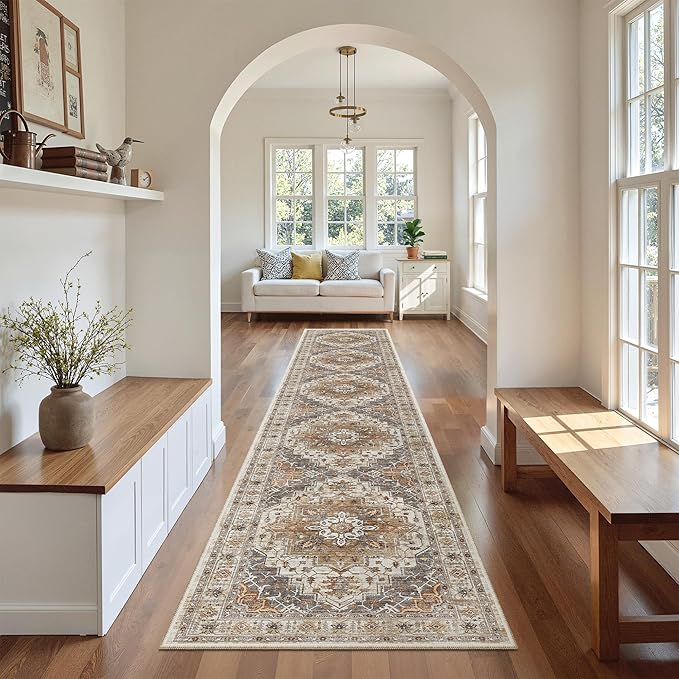 Madane Washable Runner Rugs 2x12 Long for Hallway Kitchen, Turmeric/Grey | Non-Slip Vintage Printed 12ft Rug Runners with Rubber Backing, Thin Low-Pile Floor Carpet Laundry Room Entryway, Corridor