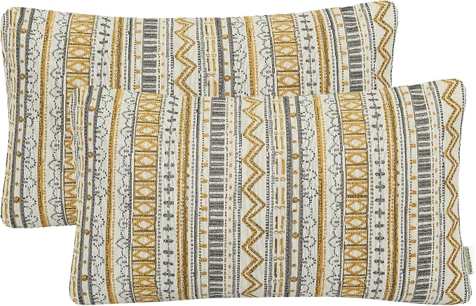 Mika Home Pack of 2 Pillow Cases,Striped,12x20 Inches, Gold Grey | Rectangle, Decorative, Bohemian Striped Geometric Pattern