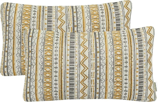 Mika Home Pack of 2 Pillow Cases,Striped,12x20 Inches, Gold Grey | Rectangle, Decorative, Bohemian Striped Geometric Pattern