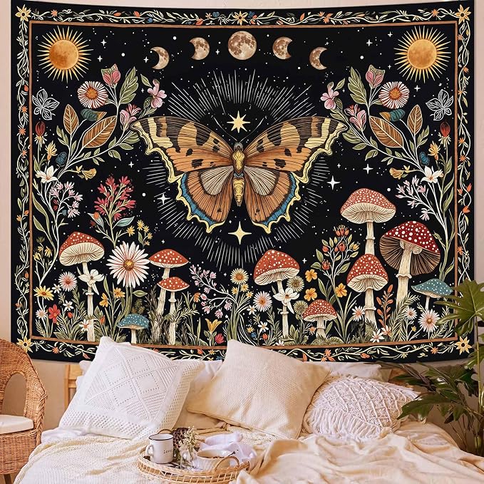 Accnicc Boho Butterfly Tapestry Mushroom Sun and Moon Hippie Wall Tapestry for Bedroom Aesthetic Vintage Floral Plant Large Tapestries Wall Hanging for Dorm Living Room Decor 80 x 60 Inch