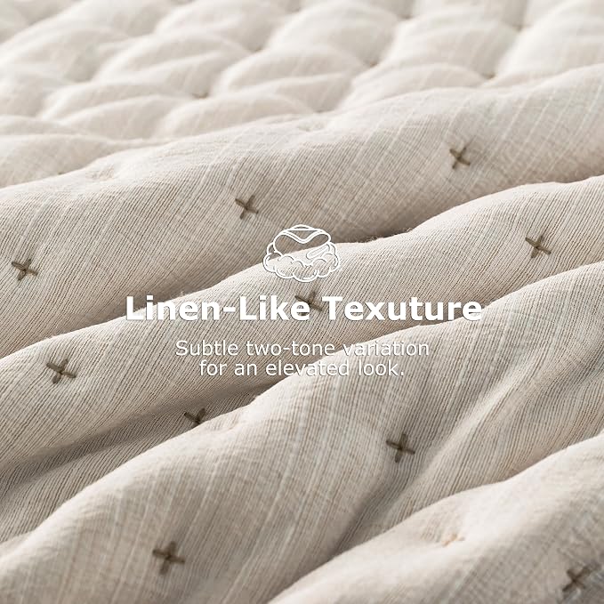 WDCOZY Beige Cloud Quilt Set Twin Size, Lightweight Soft Cross Stitch Bedspread, Textured Like Linen, Farmhouse Rustic Country Coverlet, Spring Summer Thin Comforter, 2 Pieces, 68x90 inches