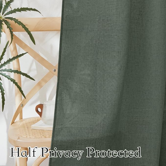 RYB HOME Green Linen Curtains 84 inches Long for Living Room Kids Room, Light Filtering Privacy Protection Home Decor 2 Panels Set for Sliding Glass Door, W 52 x L 84 inches, Hunter Green