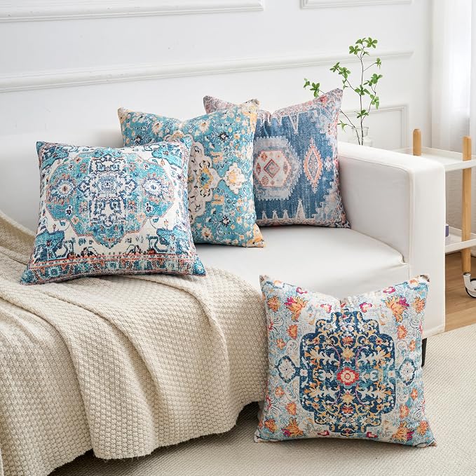 Set of 4 Vintage Blue Floral Throw Pillow Covers 18x18 Inch, Boho Medallion Decorative Pillow Cases Soft Cushion Covers for Couch Bed Living Room Spring Summer Decor