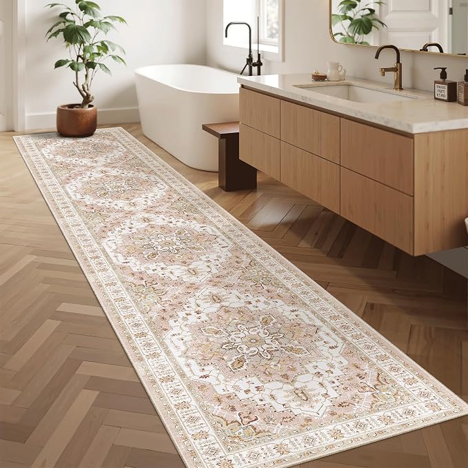 Madane Washable Runner Rugs 2x10 Long for Hallway Kitchen, Pink | Non-Slip Low-Pile 10ft Rug Runners Soft, Stain-Resistant Floor Carpet Mat for Entrance, Living Dining Laundry Room