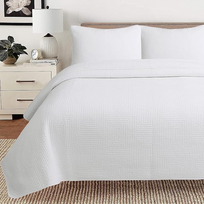 Cozy Line Home Fashions 100% Cotton Square Check Stitch Solid White Quilt Bedding Set, Bedspread Coverlet Lightweight for All Seasons (Maze - White, Twin - 2 piece)