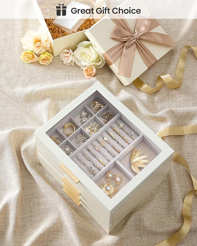 Lolalet Jewelry Box, Clear Window Wood Jewelry Storage for Earrings Bracelets Necklaces Rings, High Capacity Organizer for Women, Valentine's Day Gift -Beige, 4 Layers