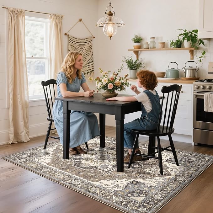 4x6 Area Rug for Living Room - Machine Washable Rugs with Non-Slip Backing Large Bedroom Carpet Distressed Oriental Non-Slip Non-Shedding Soft Thin Floor Mat for Dining Room Playroom(Beige,4x6)