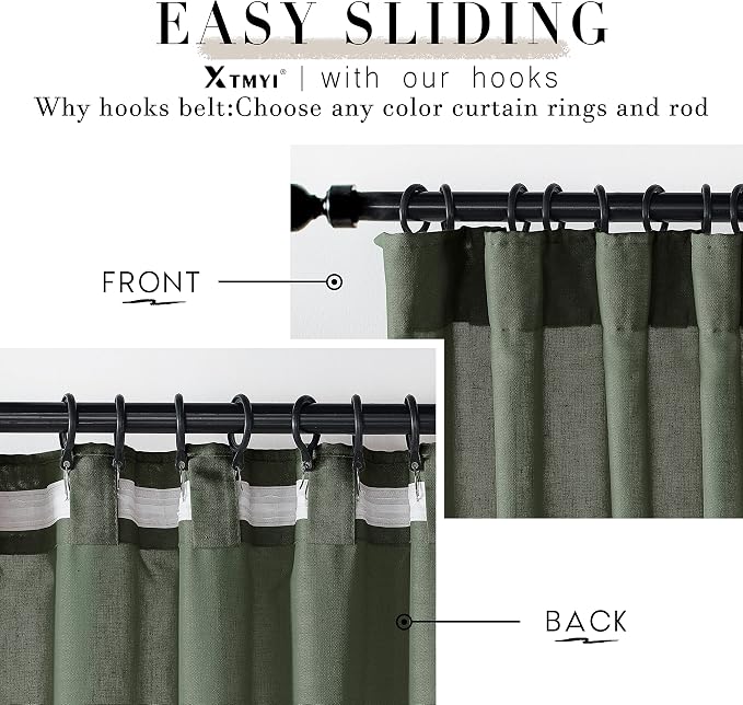 XTMYI Olive Green Boho Closet Curtains 80 Inch Length for Bedroom Closet Door,2 Panels Set Farmhouse Linen Semi Sheer Back Tab Pleated Easy Open Sliding Door Curtains,80 Inches Long