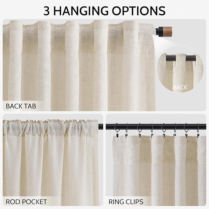 Birch Beige Linen Curtains for Living Room 98 Inches Long Light Filtering Semi Sheer Curtain Back Tab Modern Farmhouse Decor Elegant Luxury Coastal Drapes for Bedroom Dinner Room 52x98, 2 Panels