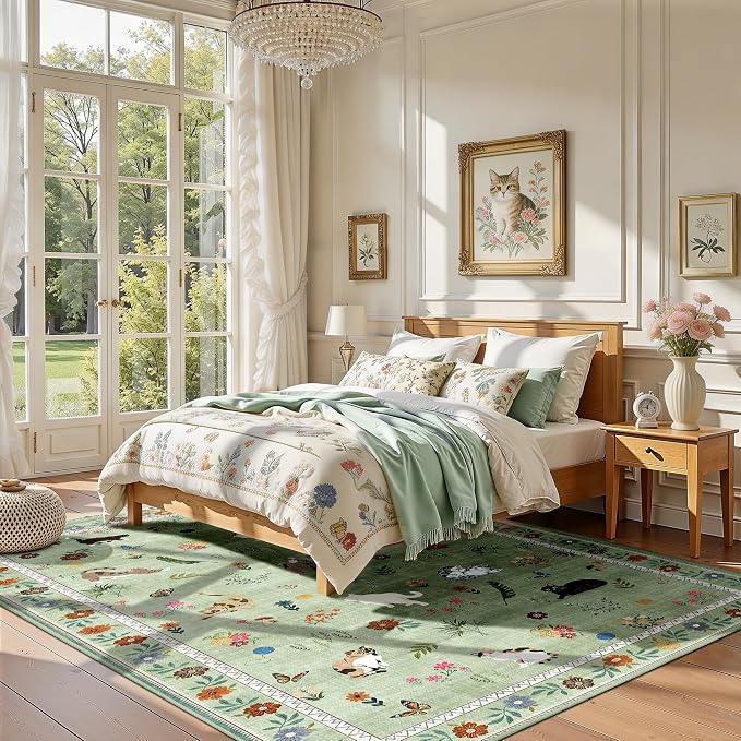 AIMPEAK Green 6x9 Washable Area Rug - Non Slip Low Pile Cat Floral Boho Vintage Carpet for Living Room, Bedroom, Farmhouse, Dining Room, Nursery, Girls Room, Kids Playroom, Green Multi