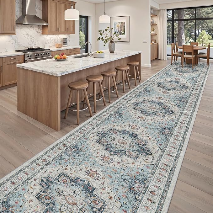 Madane Hallway Runner Rug 3x20 Washable Kitchen Runners 20ft, Blue | Vintage Non Slip Extra Long Area Rugs , Soft Low-Pile Farmhouse Wide Floor Carpet for Corridor Entryway Bathroom Bedroom