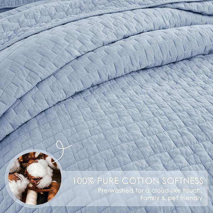 PALASSIO Baby Blue 100% Cotton Quilt Queen Size Bedding Sets with 2 Pillow Shams, Textured Lightweight Soft Bedspread Shabby Chic Coverlet, Neutral Quilted Comforter Bed Cover for All Season, 3 Pieces