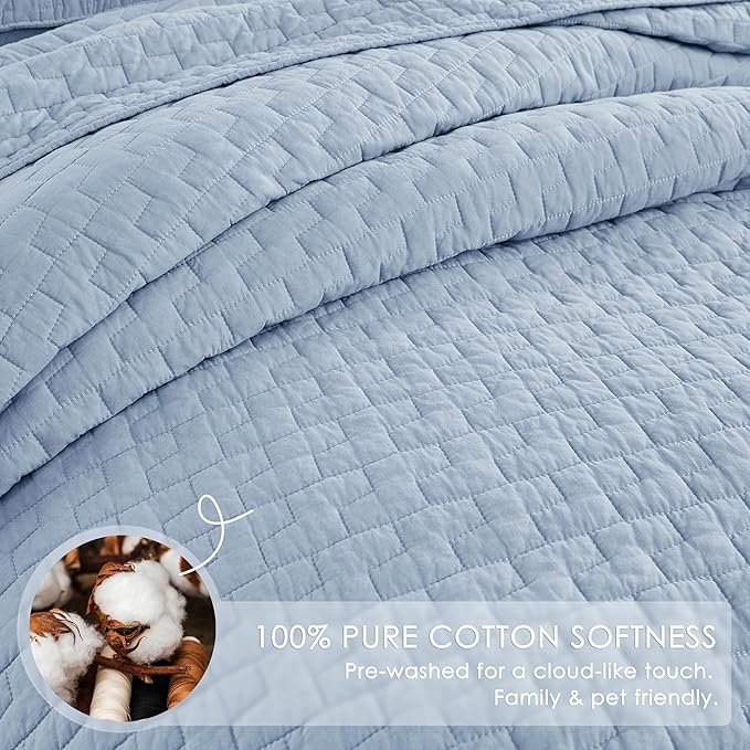 palassio Baby Blue 100% Cotton Quilt California Cal King Size Bedding Sets with 2 Pillow Shams, Textured Oversized Lightweight Bedspread Shabby Chic Coverlet, Soft Bed Cover for All Season, 3 Pieces