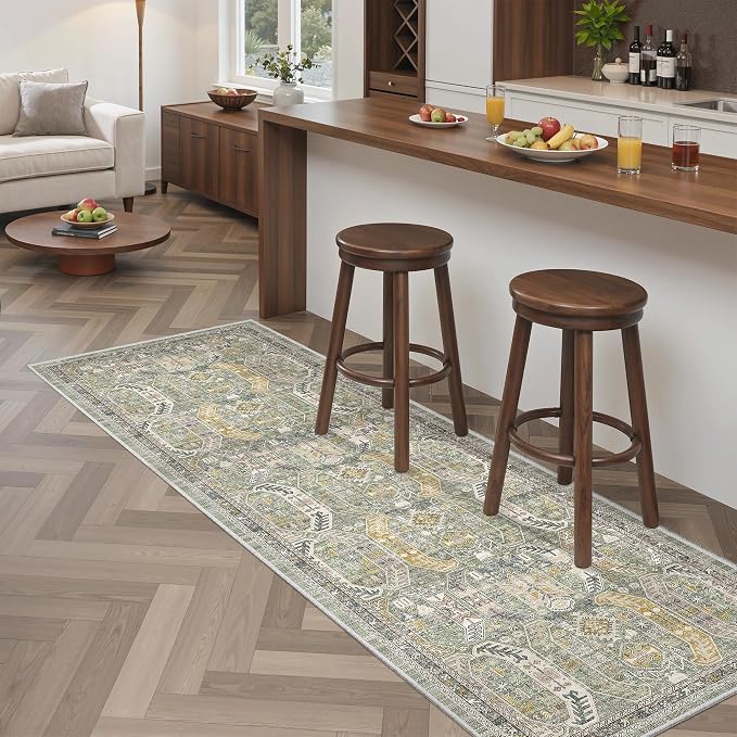 Madane Washable Runner Rug 2x6 Runners for Hallways Non Slip, Green/Gold | Vintage Stain-Resistant 6 Feet Kitchen Rug, Soft Low-Pile Ultra-Thin Floor Carpet Mat for Bathroom Laundry Room Bedroom 2x6ft