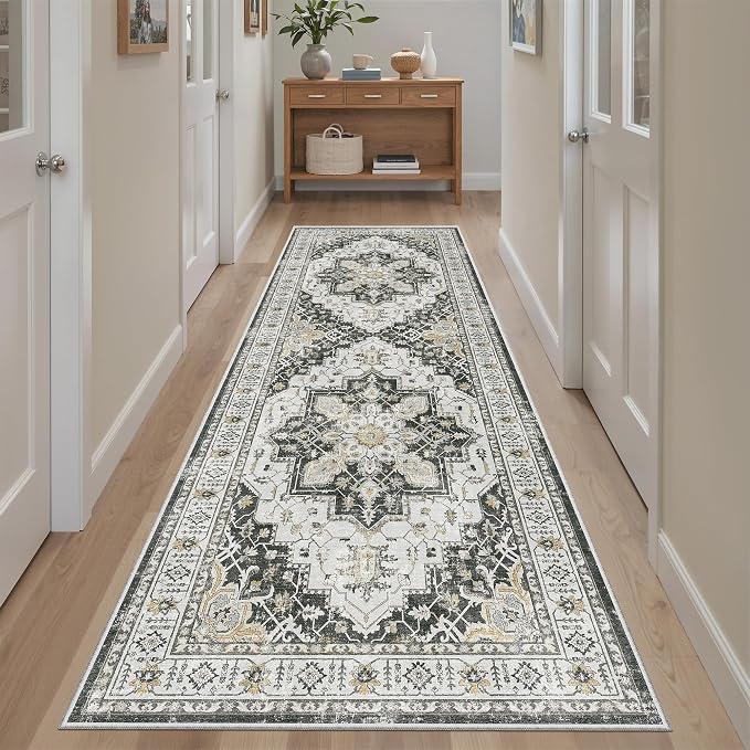 Madane Kitchen Runner 2'6''x8' Soft Rug Runners for Hallways, Black | Vintage Machine Washable Rugs 2.5x8 Ft, Non-Slip Low Pile Stain-Resistant 8ft Floor Carpet for Laundry Room, Corridor