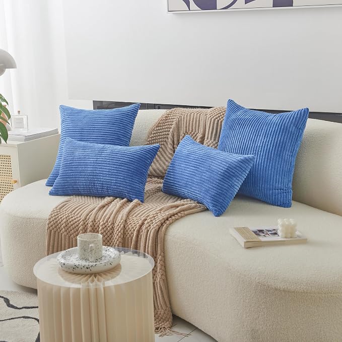 Home Brilliant Throw Pillow Covers Decorative Soft Velvet Corduroy Striped Set of 2 Square Cushion Cover for Couch Bench, 18 x 18 inch, Blue