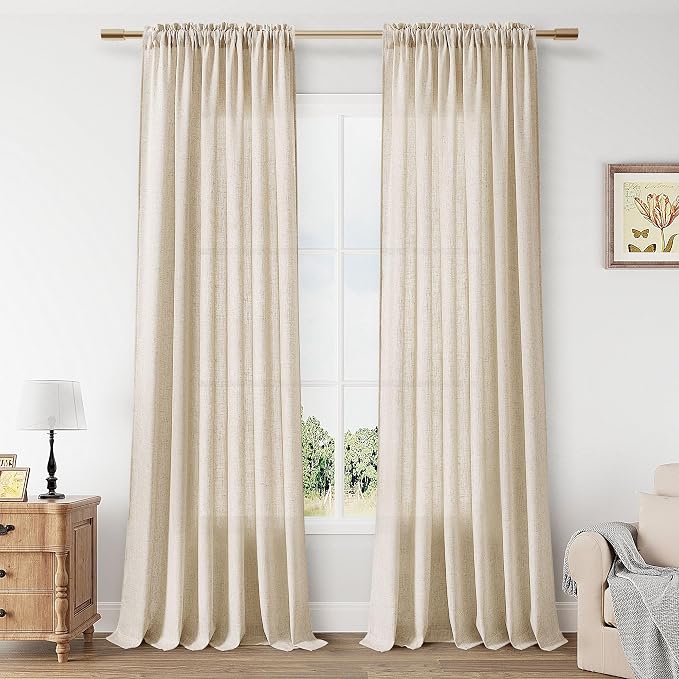 Linen Curtains 84 Inch Length for Living Room Bedroom 2 Panels Set Rod Pocket Light Filtering Semi Sheer Window Curtains 52 Inch Width Boho Farmhouse Drapes Flax Beige Linen, W52xL84