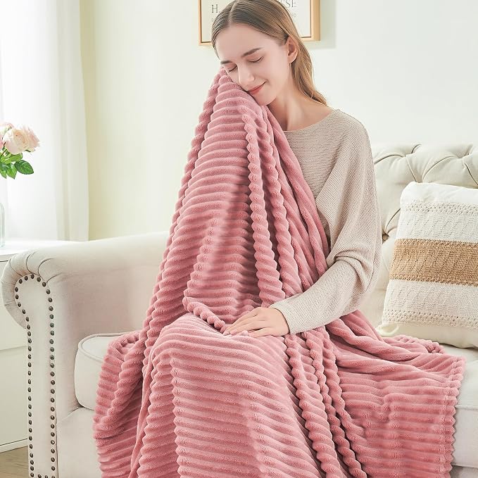 BEDELITE 3D Ribbed Jacquard Pink Blankets Queen Size for Bed, 90x90 Inch | Soft Warm Decorative Fluffy Blanket, Cozy Fuzzy Lightweight Plush Fleece Throw Blankets for Bed, Room Decor, Gift for Women