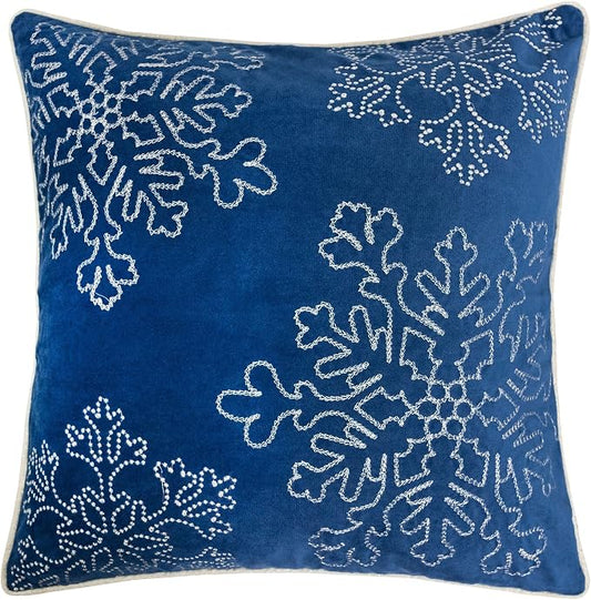 Embroidery Blue Velvet Throw Pillow Cover, Merry Christmas Series Snowflake Luxury Soft Fuzzy Cozy Warm Slik Gift Square Couch Cushion Pillow Case 20 x 20 Inch, Cover Only