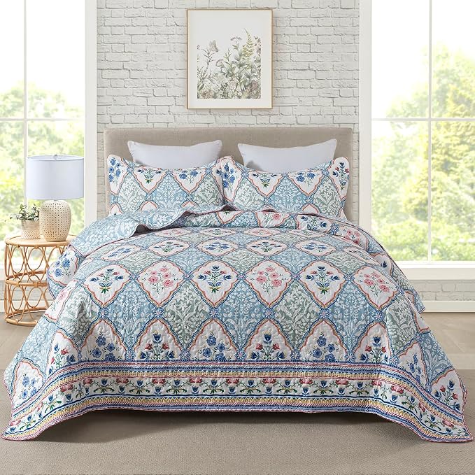 Travan 3-Piece Quilt Set Quilted Bedspread Reversible Quilted Bedding Set Garden Style Floral Printed Oversized Quilted Bedding Set with Shams for All Season, Exquisite, Queen Size
