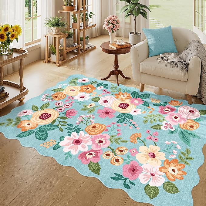 DUKINO 4x6 Area Rug, Non Slip Floral Washable Rug for Living Room, Teal | Low Pile, Stain Resistant, Soft Throw Rugs for Bedroom, Office, Dining Room, Nursery, Pet Friendly, Home Decor, Lightweight