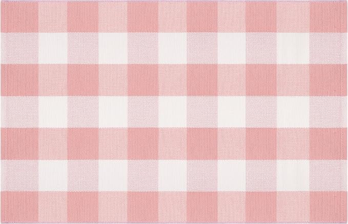 Pink and White Outdoor Rug 27.5''x 43.3''Buffalo Plaid Layered Doormat Woven Machine Washable Farmhouse Door Mats Outdoor for Hello/Welcome Mat,Entryway,Bedroom,Patio