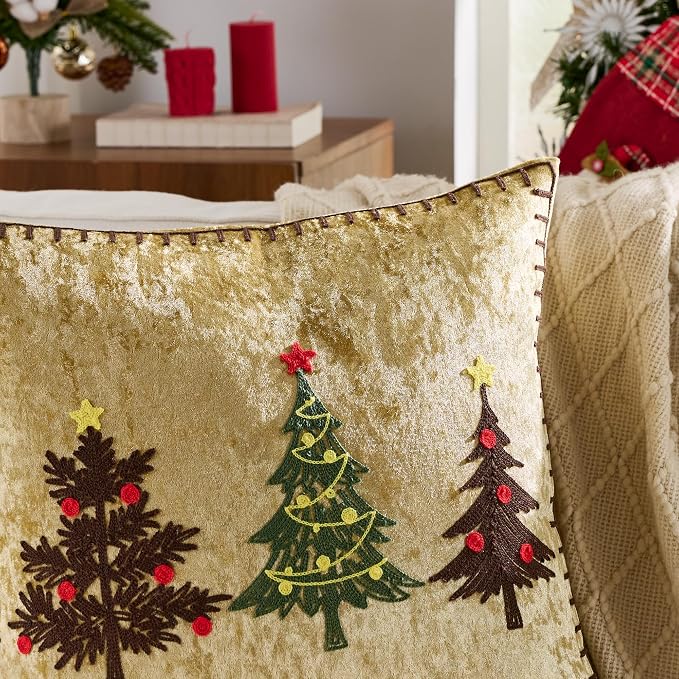 KINDREX Christmas Tree Throw Pillow Covers 18x18 Set of 2 Winter Holiday Decorative Gold Embroidered Luxurious Velvet Accent Pillowcase for Sofa Couch Bed Living Room Home Decor