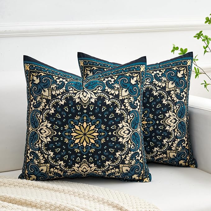 Boho Throw Pillow Covers 18X18 Inch Set of 2 Bohemian Soft Velvet Couch Pillow Cases Farmhouse Decorative Pillow Covers for Sofa Living Room Bedroom Outdoor Patio Porch Indigo Motif
