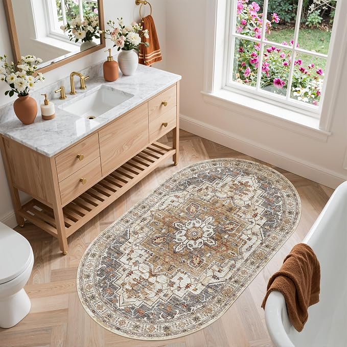 Madane Washable Oval Rug 3x5 for Entryway Small Area Rugs, Turmeric/Grey | Vintage Entryway Bedroom Non Slip Door Mat Indoor Entrance, Kitchen Runner Living Room Laundry Playroom Soft Floor Carpets