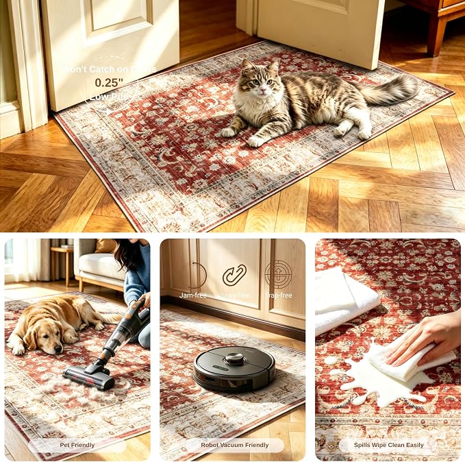 5x7 Washable Rug for Living Room, Non Slip Carpet for Bedroom | Soft faux wool, machine washable & stain resistant. Non-slip rubber backing, low pile. For living room, bedroom, office.Red.