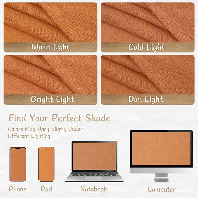 Burnt Orange Short Linen Curtains 45 Inch Length 2 Panels | Semi Sheer Light Filtering Panels, Kitchen, Curtains for Windows, Loft Room, Back Tab Rod Pocket, Country Decor, 34 x 45 Inch