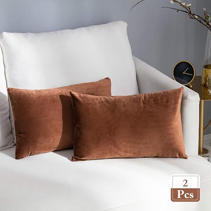 Stellhome Pack of 2 Super Soft Throw Pillow Covers Rectangle Solid Velvet Pillowcase for Bed Couch Sofa Bench, 12 x 20 inch (30 x 50 cm), Chocolate