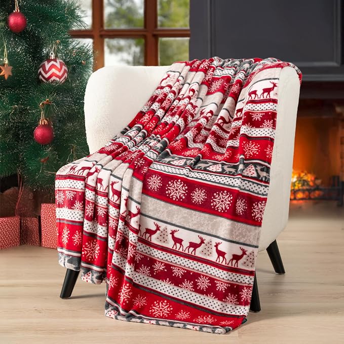 Pavilia Holiday Reindeer Snowflakes Fleece Throw Blanket | Soft, Plush, Warm Winter Cabin Throw, 50x60, Red